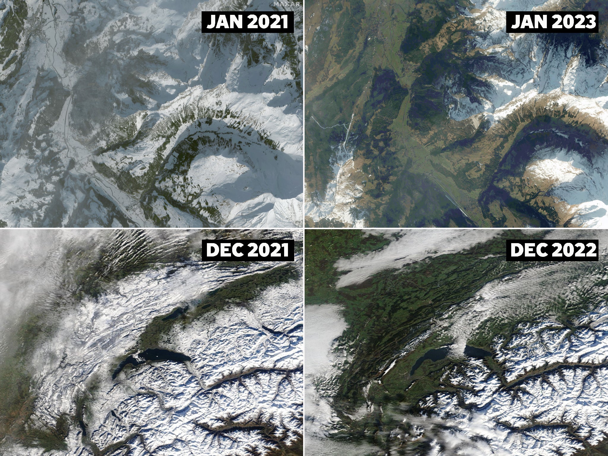 Snow cover comparison shows the decline in Adelboden and St Stephan in Switzerland