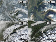 Satellite images of Alps show dramatic drop in snowfall over year amid record temperatures