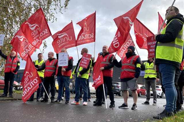 Workers at the Co-op Funeralcare coffin factory in Glasgow have again walked out on strike (Rebecca McCurdy/PA)