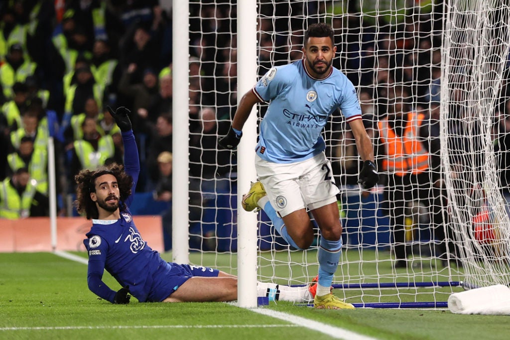 Riyad Mahrez celebrates after beating Marc Cucurella to Jack Grealish’s cross