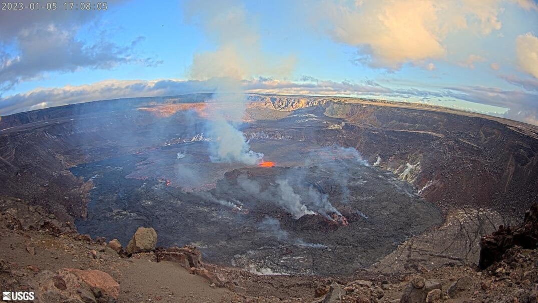 <p>A general view of lava surfacing on the Halema'uma'u crater of Kilauea volcano in Hawaii</p>