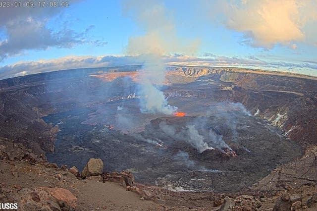 <p>A general view of lava surfacing on the Halema'uma'u crater of Kilauea volcano in Hawaii</p>