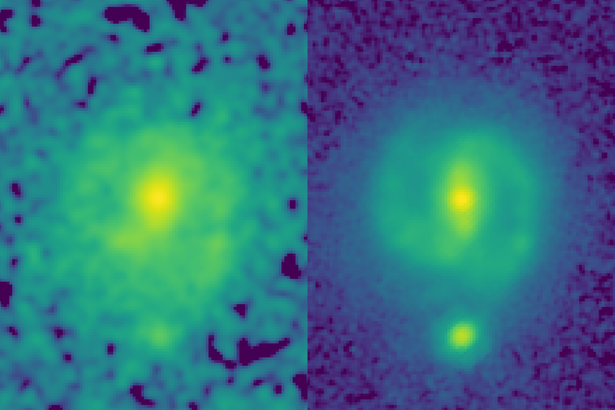 <p>Two images of the galaxy EGS23205, seen as it was about 11 billion years ago. In the HST image (left, taken in the near-infrared filter), the galaxy is little more than a disk-shaped smudge but in the JWST image (right) it is a beautiful spiral galaxy with a clear stellar bar</p>