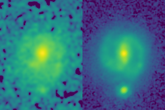 <p>Two images of the galaxy EGS23205, seen as it was about 11 billion years ago. In the HST image (left, taken in the near-infrared filter), the galaxy is little more than a disk-shaped smudge but in the JWST image (right) it is a beautiful spiral galaxy with a clear stellar bar</p>