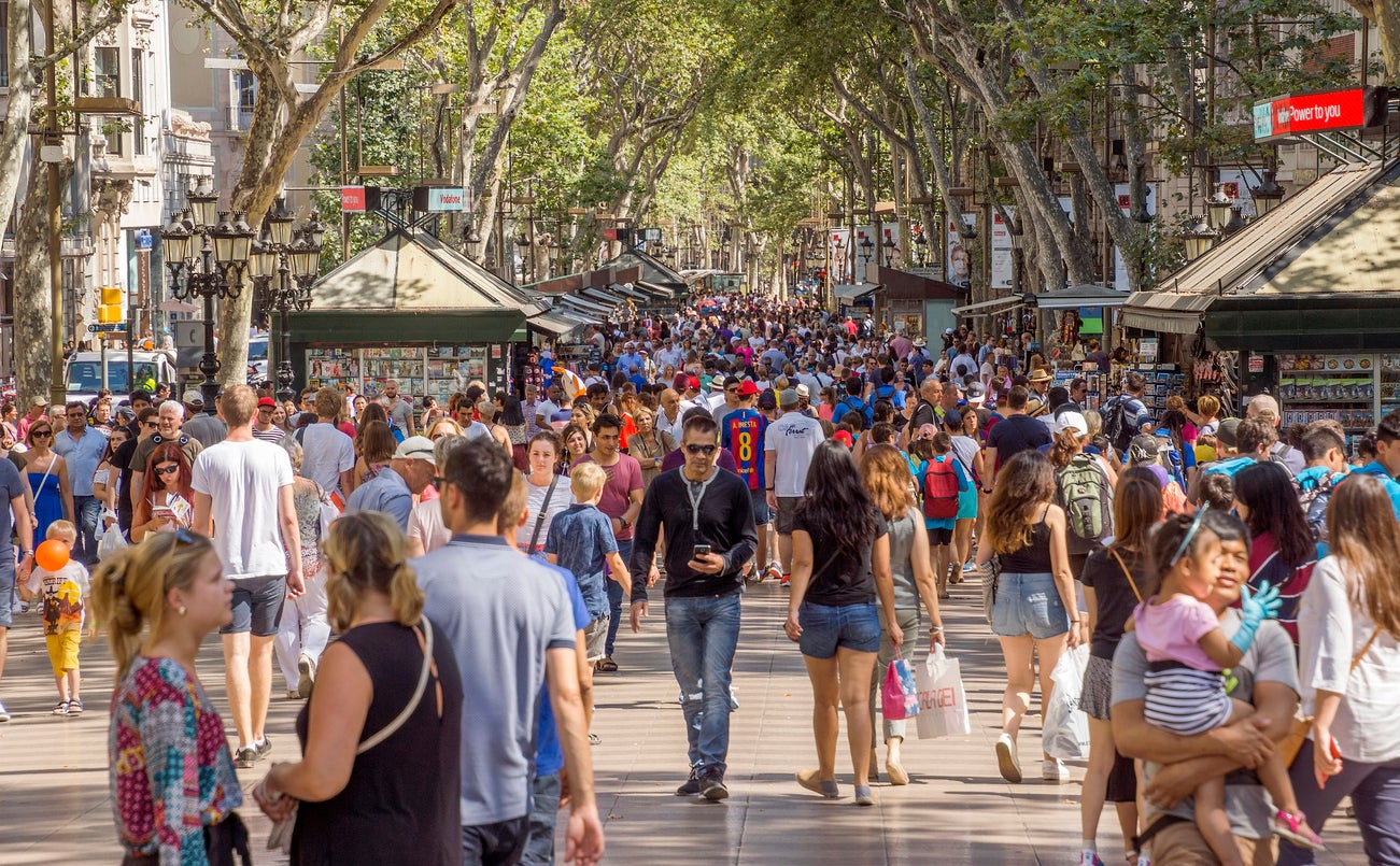 La Rambla, Barcelona’s most famous pedestrianised avenue, popular with tourists