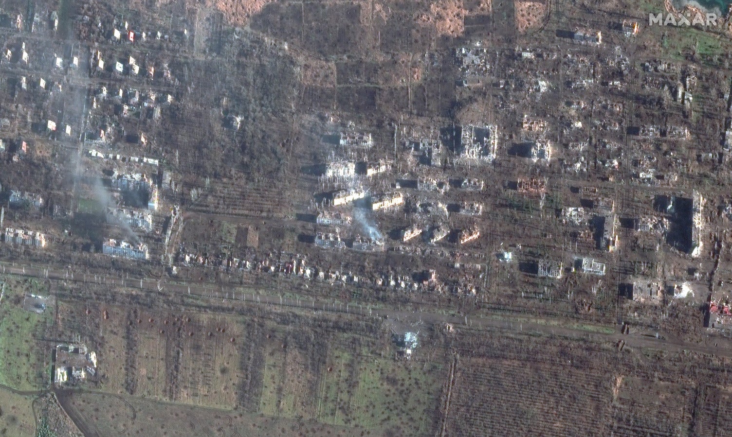 Destroyed apartment buildings in southern Bakhmut