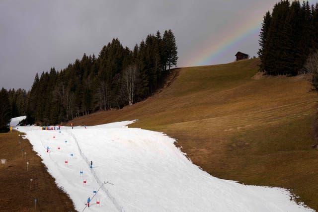 <p>People skiing on a slope in Filzmoos south of Salzburg, Austria, Thursday, January 5, 2023. Sparse snowfall and unseasonably warm weather in much of Europe is allowing green grass to blanket many mountaintops </p>