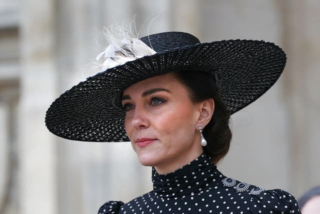 Kate, the then-Duchess of Cambridge leaving after a Service of Thanksgiving for the life of the Duke of Edinburgh, at Westminster Abbey in London (Kirsty O’Connor/PA)