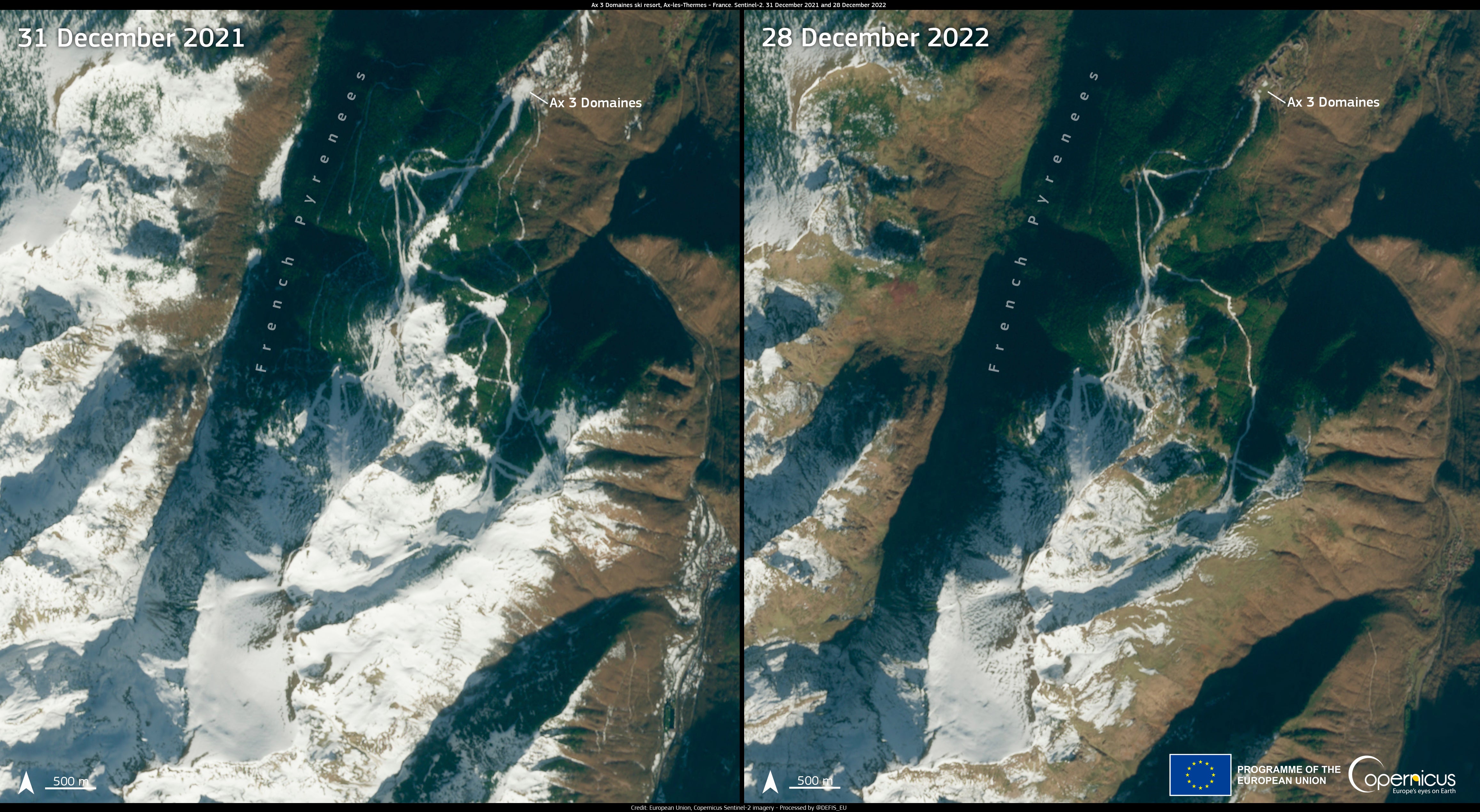 January 2023 began with a significant heatwave in Europe and sparse snowfall in both the Alps and the Pyrenees. Difference in snow cover is visible when comparing images from December 2021 and December 2022, in Ax-les-Thermes in the Pyrenees of southern France