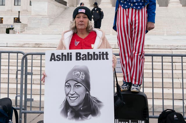 <p>File: Ashli Babbitt’s mother at a protest outside the supreme court </p>