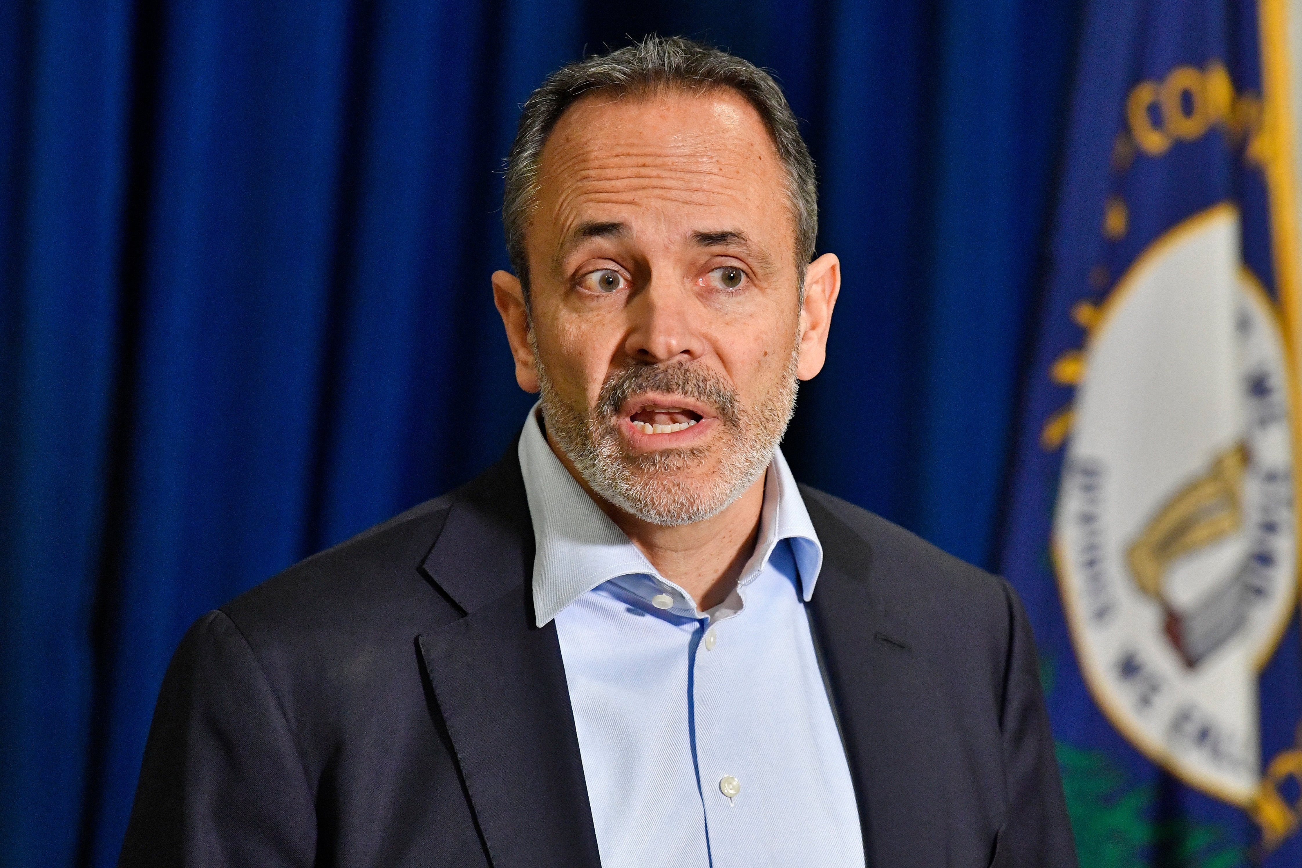 Former Kentucky Governor Matt Bevin speaks to the media gathered in the Kentucky Capitol Rotunda in Frankfort, Kentucky in 2023. Bevin’s adopted son accused the ex-governor of adopting him for ‘public image’