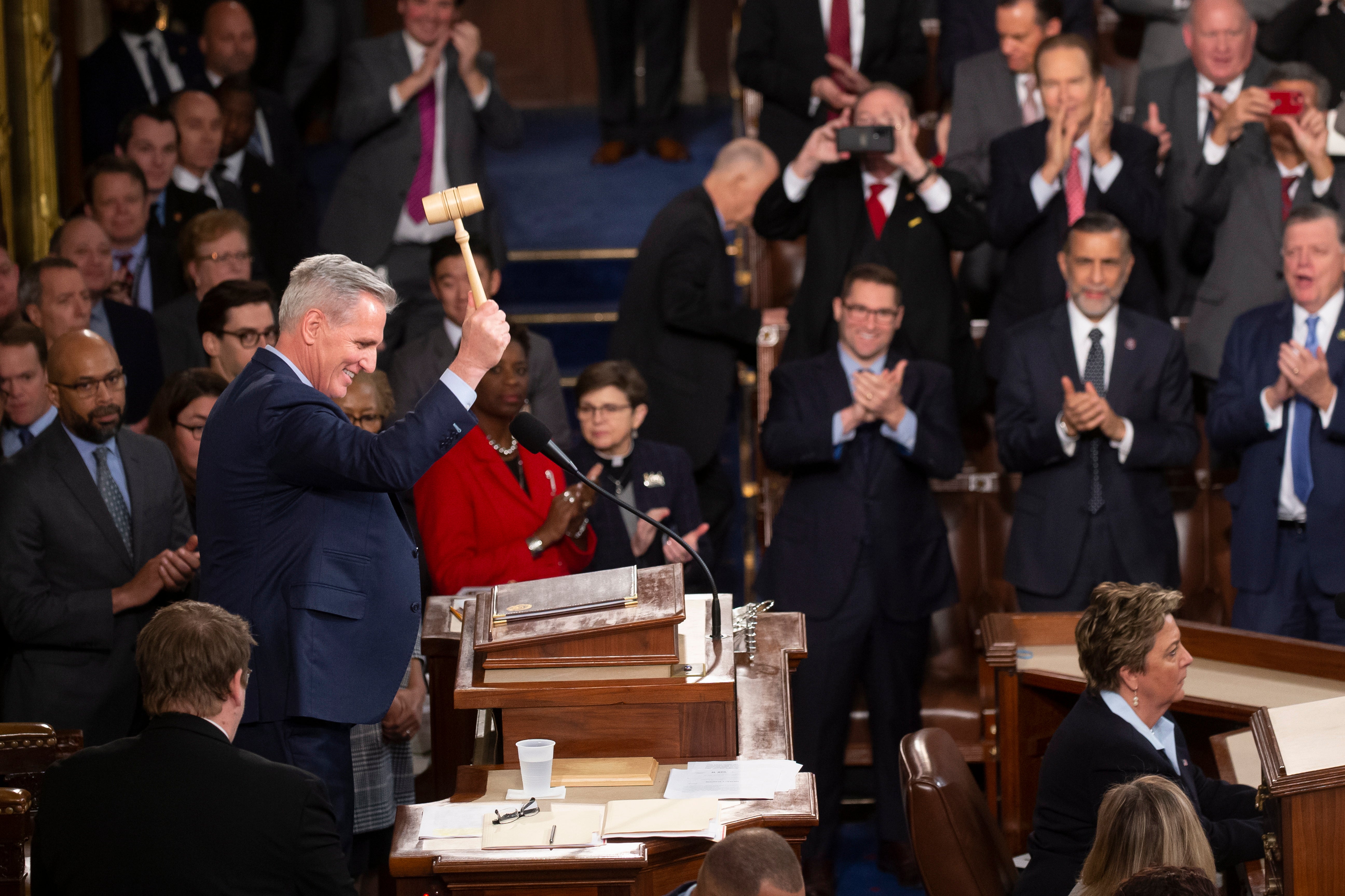 House Republican Leader Kevin McCarthy bangs the gavel after being elected to become the Speaker of the House after 15 rounds of voting, in the House chamber on Capitol Hill in Washington, DC, USA, 07 January 2023