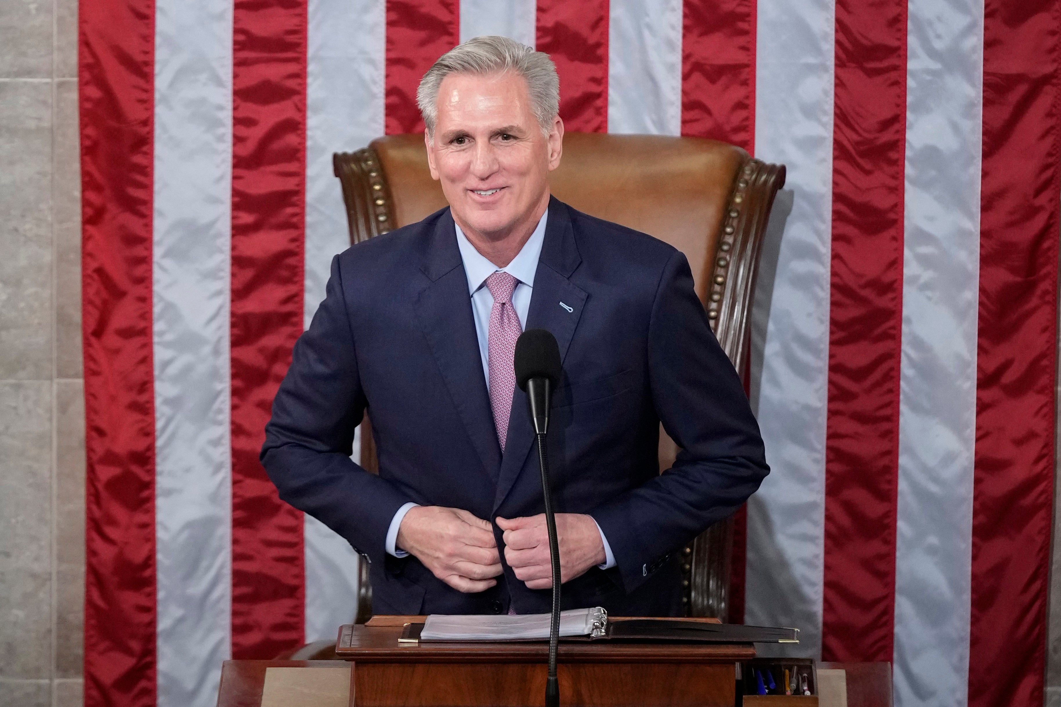Incoming House speaker Kevin McCarthy pauses before he speaks on the House floor at the US Capitol in Washington, early Saturday, 7 January 2023