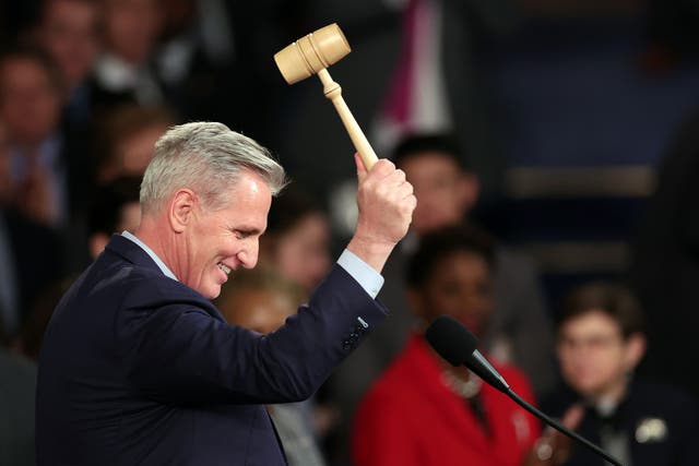 <p>Kevin McCarthy celebrates with the gavel after being elected as speaker of the House of Representatives </p>