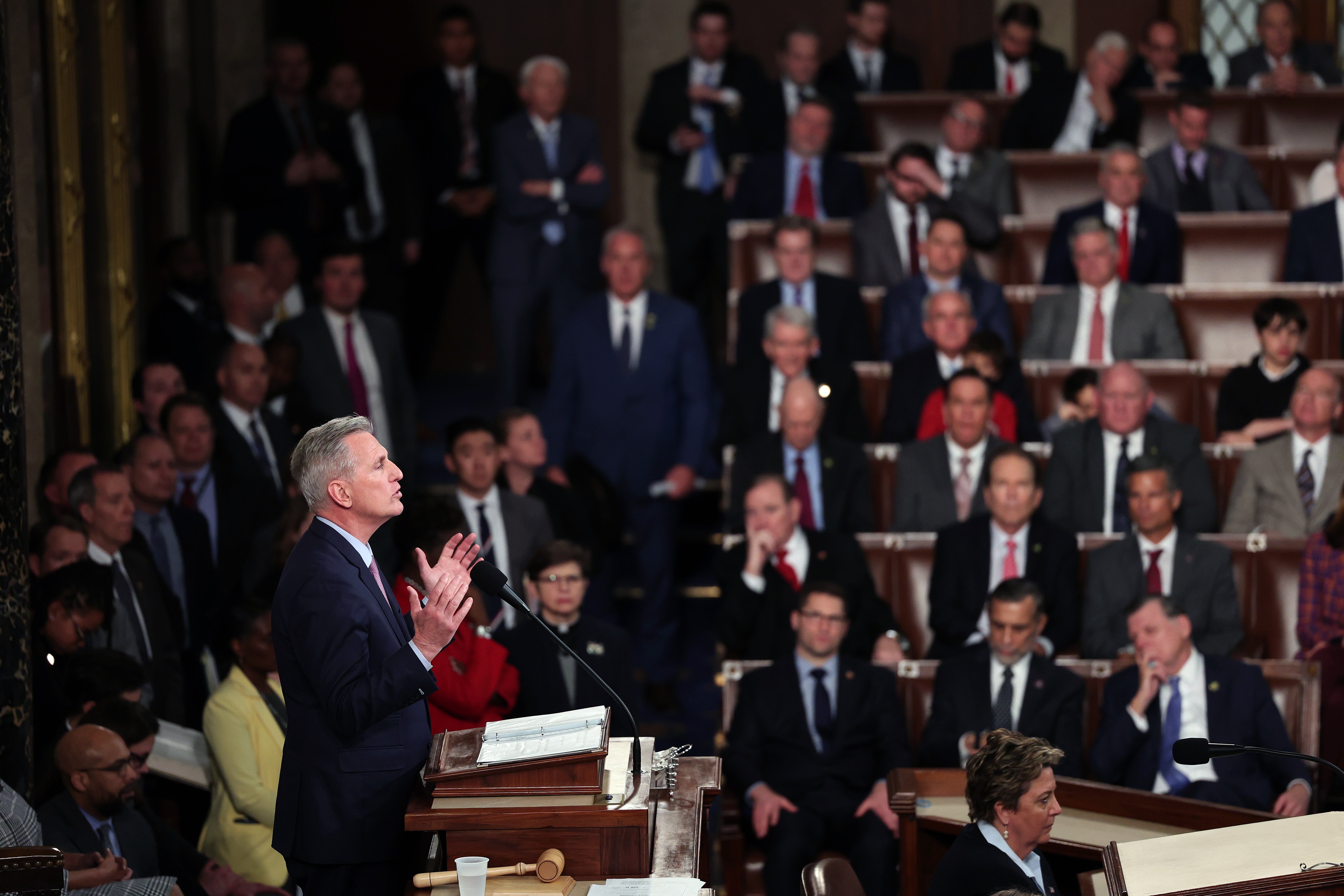 Speaker of the House Kevin McCarthy delivers remarks after being elected as speaker on 7 January 2023