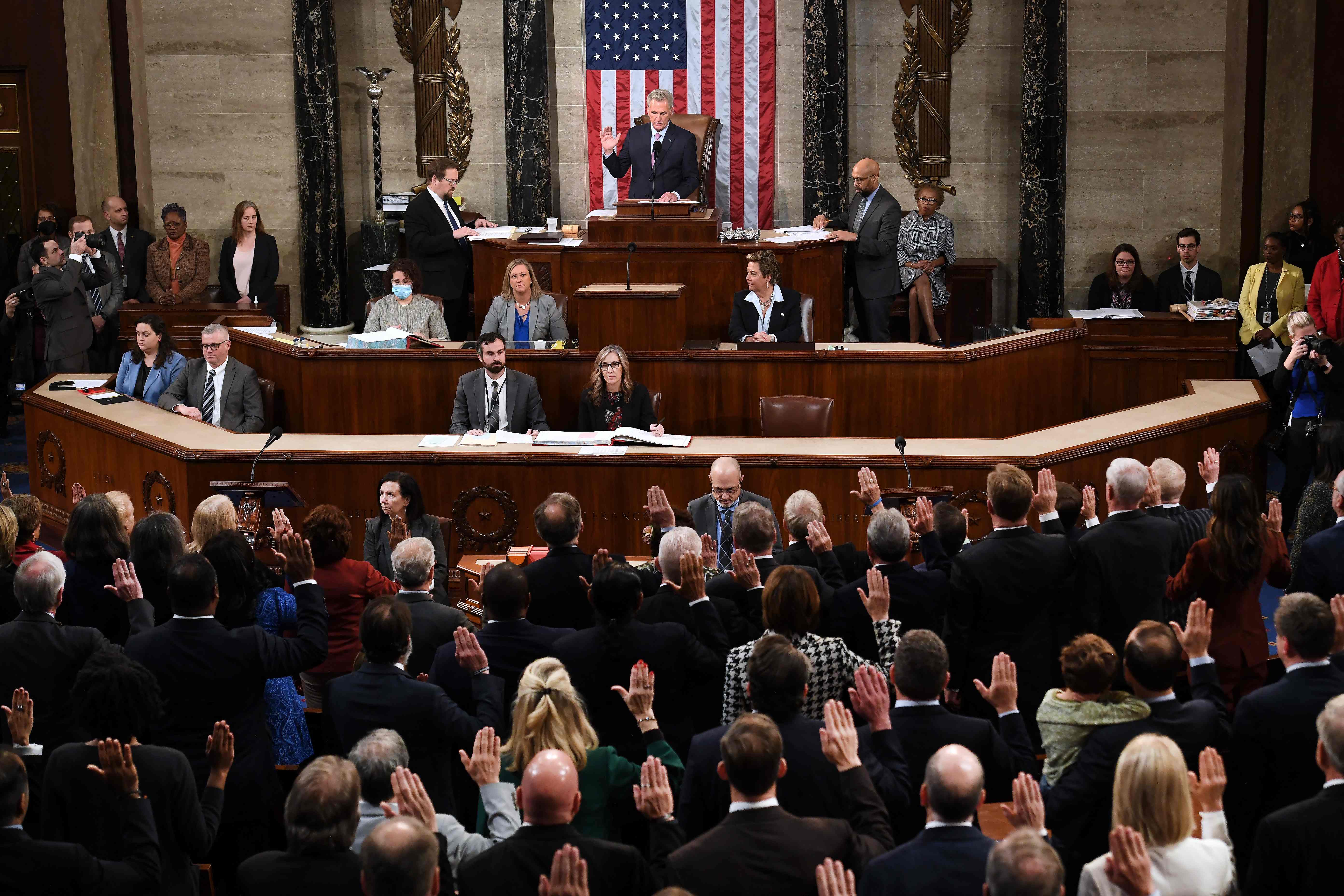 Newly elected speaker of the US House of Representatives Kevin McCarthy swears in the members of the 118th Congress at the US Capitol in Washington, DC, on 7 January 2023
