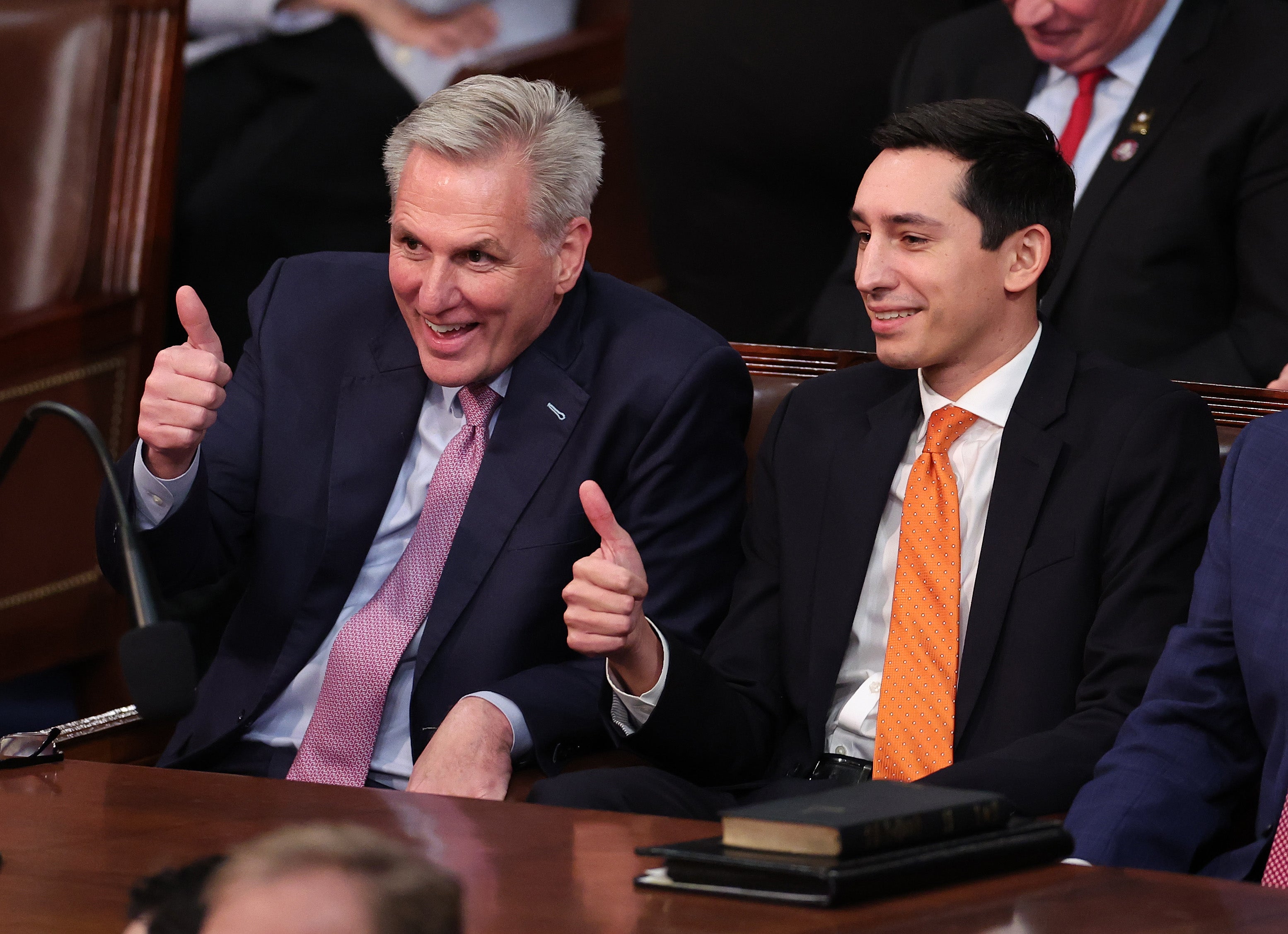 House Republican leader Kevin McCarthy and John Leganski, his deputy chief of staff, celebrate after McCarthy was elected speaker of the House on 7 January 2023 in Washington, DC