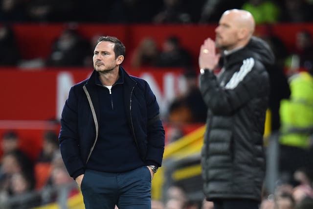 <p>Everton manager Frank Lampard on the touchline at Old Trafford</p>