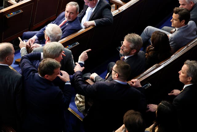 <p>U.S. Rep.-elect Mike Rogers (R-AL) is restrained after getting into an argument with Rep.-elect Matt Gaetz (R-FL) in the House Chamber during the fourth day of voting for Speaker of the House at the U.S. Capitol Building on January 06, 2023 in Washington, DC</p>