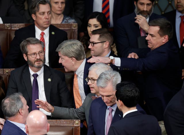 <p>Mike Rogers (R-Al) (C) is restrained by Richard Hudson (R-NC) after getting into an argument with Matt Gaetz (R-Fla) in the House Chamber during the fourth day of elections for Speaker of the House at the US Capitol Building on 6 January 2023</p>