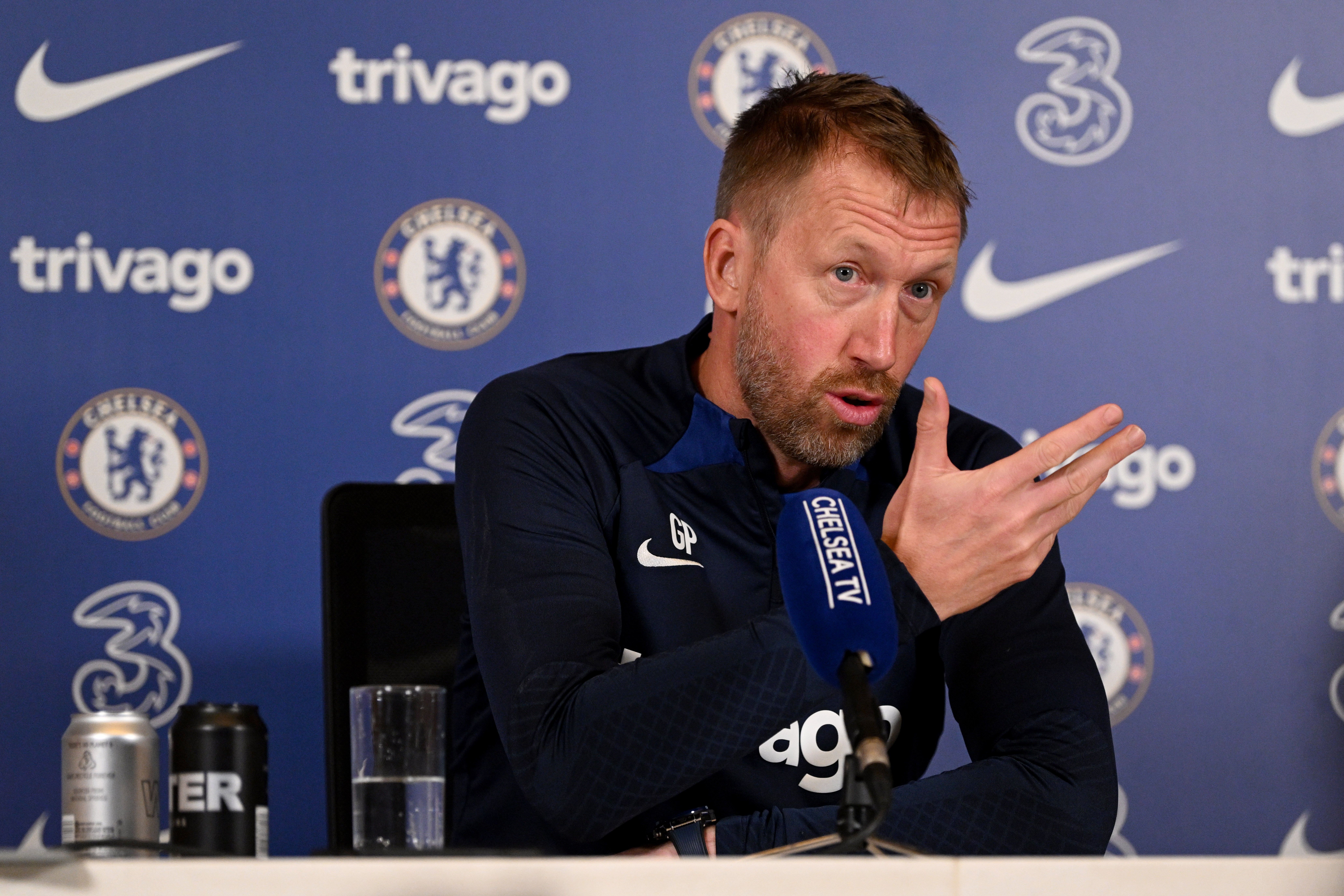 Graham Potter speaking to the media at Chelsea’s training ground in Cobham