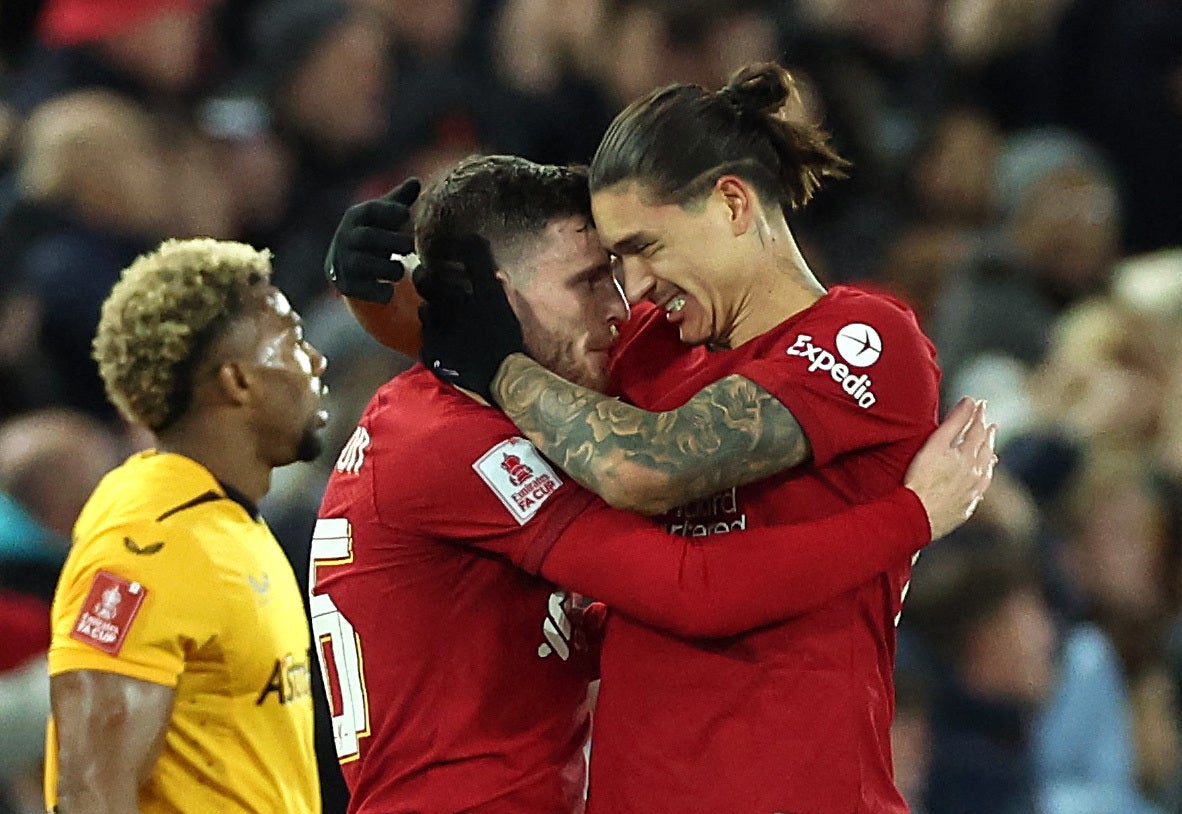 Darwin Nunez, right, celebrates scoring Liverpool’s first goal