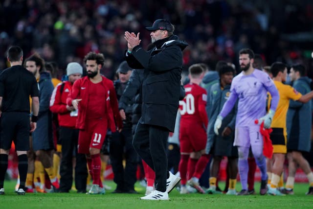 Liverpool manager Jurgen Klopp applauds the fans (Peter Byrne/PA)