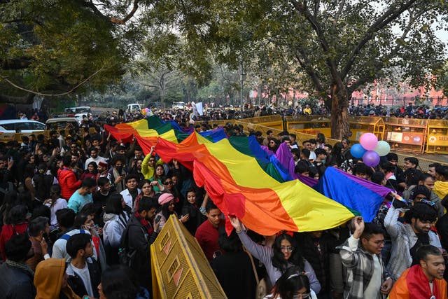 <p>File photo: Members of the LGBT+ community and their supporters carry a rainbow flag as they march demanding equal marriage rights in New Delhi, India, Sunday, 8 January 2023 </p>