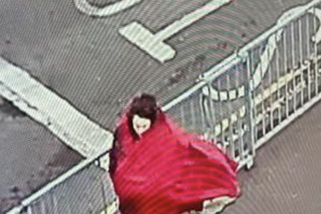 <p>A CCTV image which is believed to be Constance Marten outside Harwich Port in Essex on Saturday </p>