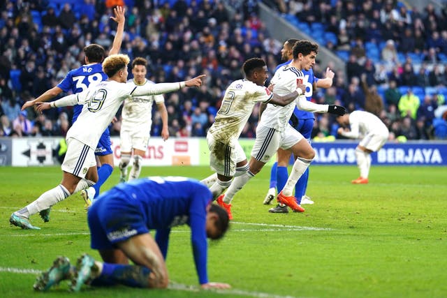 Leeds substitute Sonny Perkins (right) celebrates after scoring in his side’s 2-2 FA Cup draw at Cardiff (David Davies/PA)