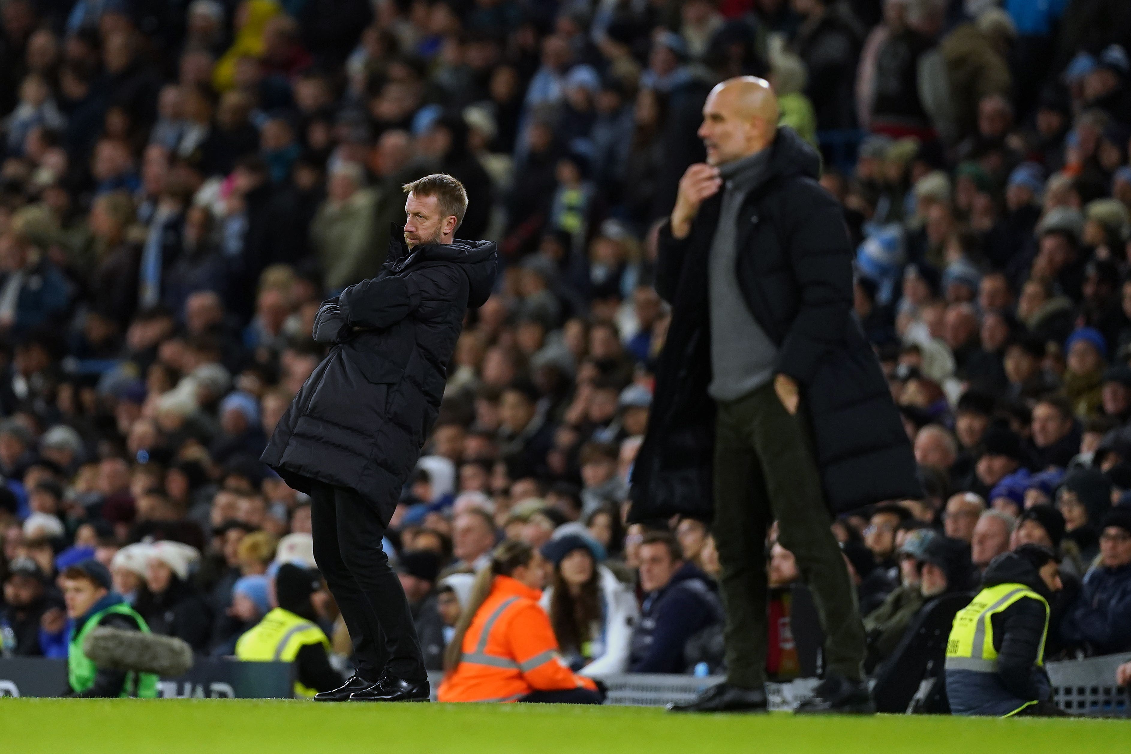 Pep Guardiola, right, said Graham Potter must be give more time at Chelsea (Martin Rickett/PA)