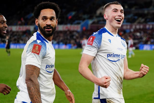 Stevenage’s Dean Campbell (right) celebrates with Jordan Roberts (left) after scoring the winner at Villa Park (Nick Potts/PA)