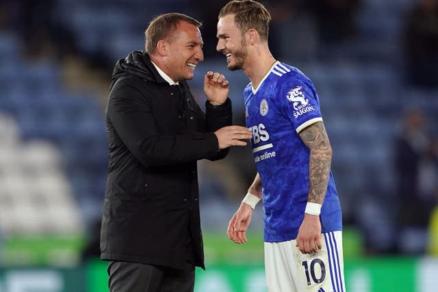 Brendan Rodgers, left, expects to remain without James Maddison, right, for the Carabao Cup quarter-final (Zac Goodwin/PA)
