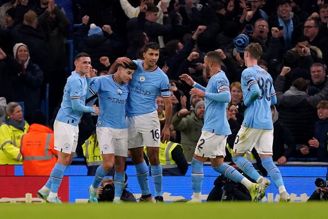 Julian Alvarez, second left, celebrates scoring Manchester City’s second goal in their 4-0 FA Cup win over Chelsea (Martin Rickett/PA)