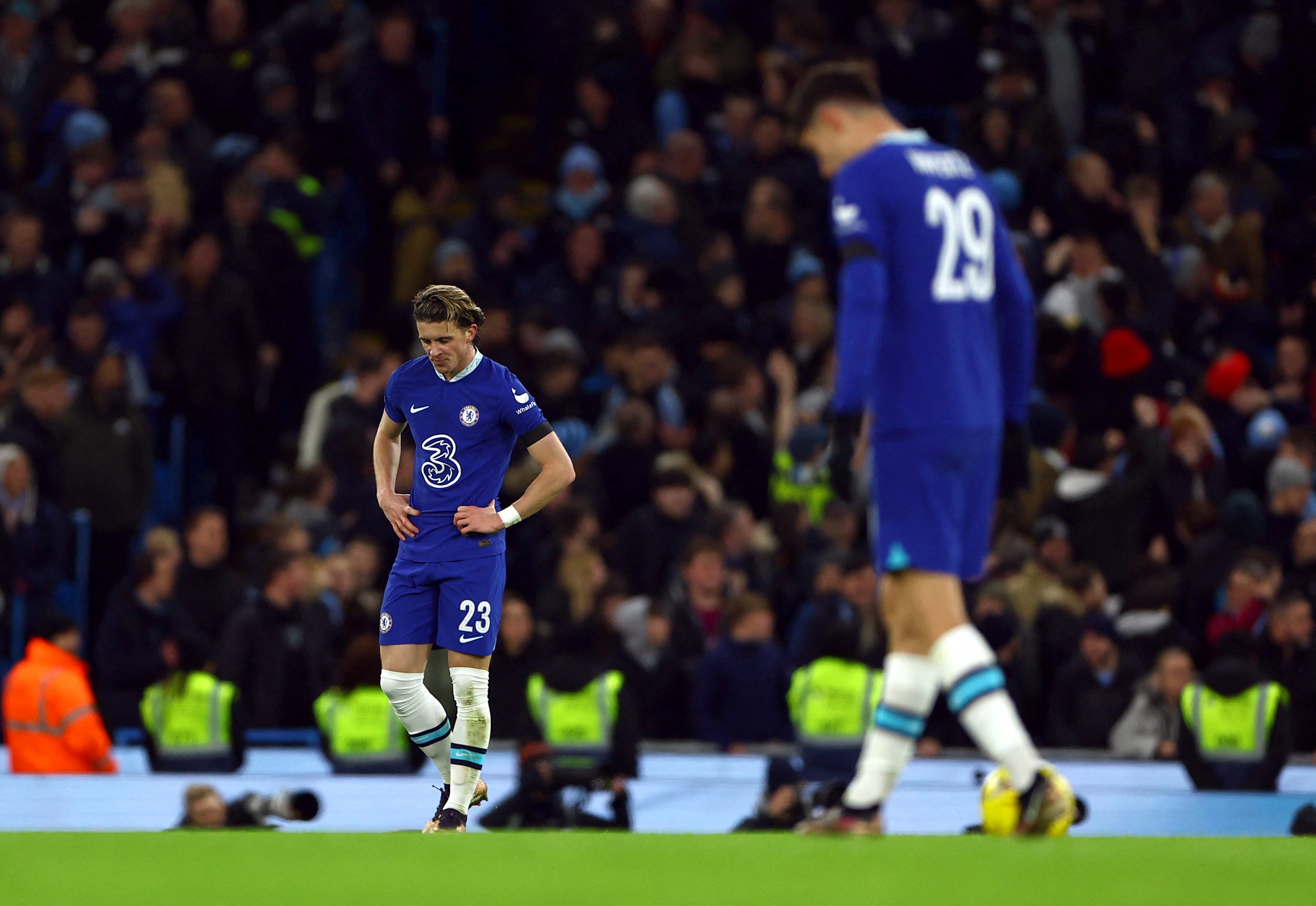 A dejected Conor Gallagher and Kai Havertz after conceding a third goal at the Etihad