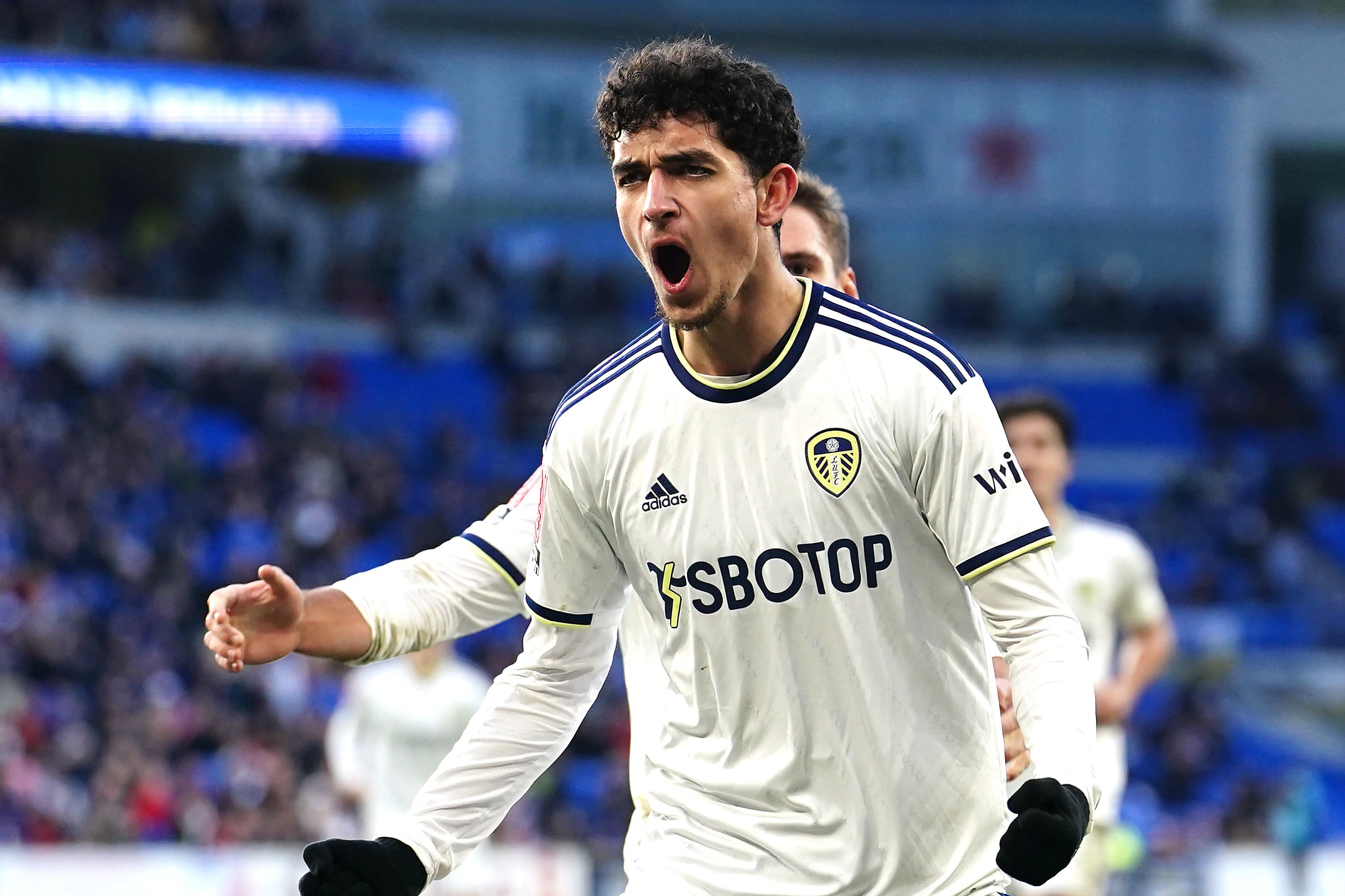 Sonny Perkins celebrates his first Leeds goal in the 2-2 FA Cup draw at Cardiff (David Davies/PA)