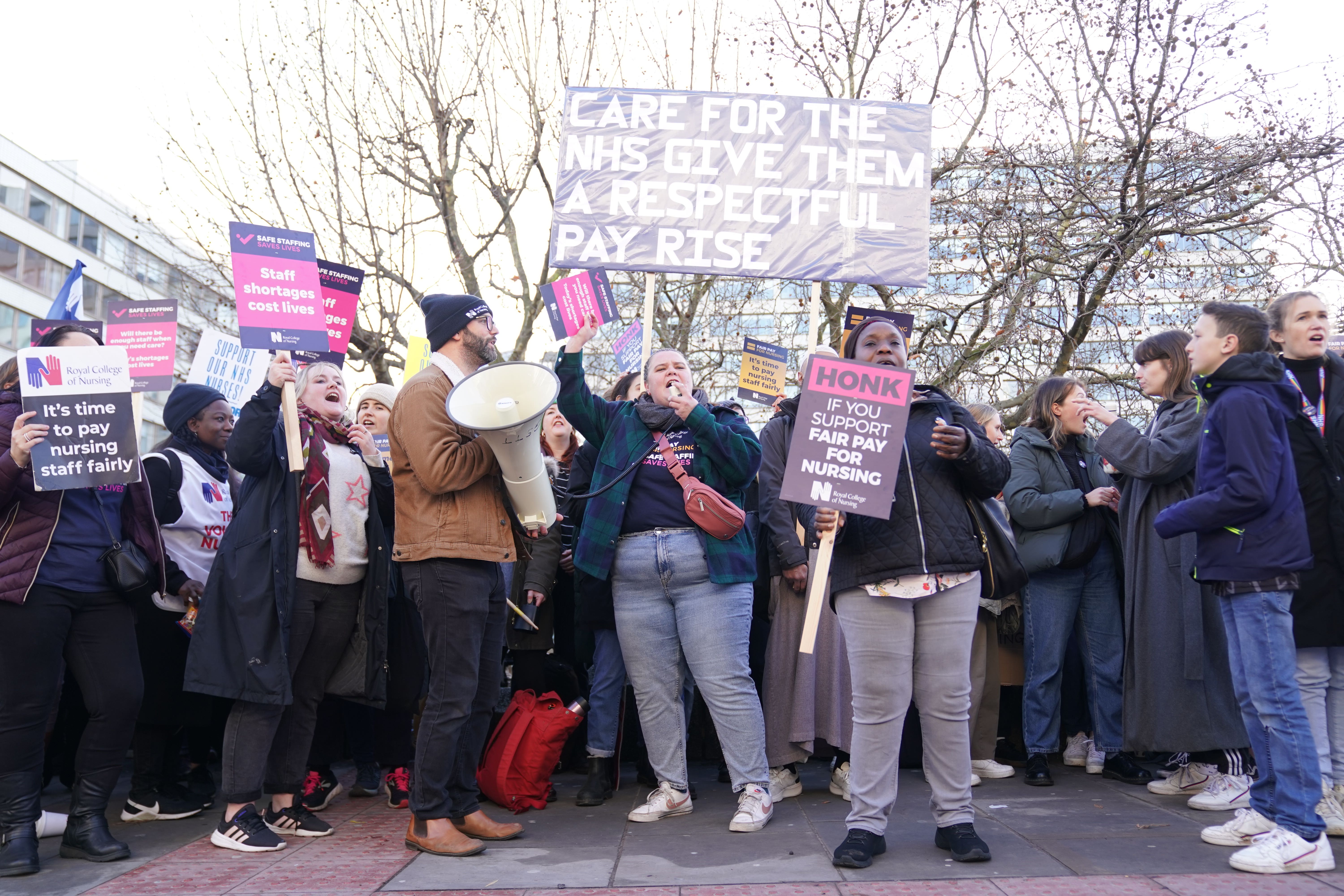 Trade unions are meeting Government ministers for talks, though the Royal College of Nursing has put the chance of strikes being called off at less than 50% (Kirsty O’Connor/PA)