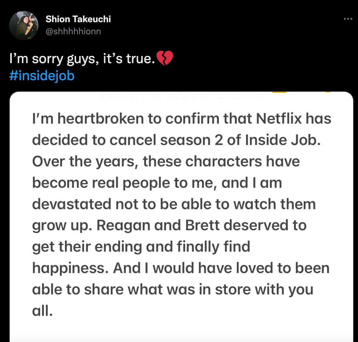 ‘Inside Job’ showrunner Shion Takeuchi says Netflix has cancelled series