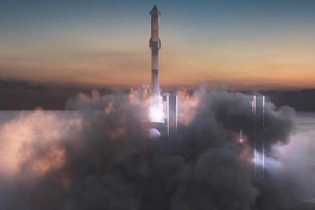 <p>A Starship rocket and Super Heavy booster shown in an animated video from SpaceX</p>