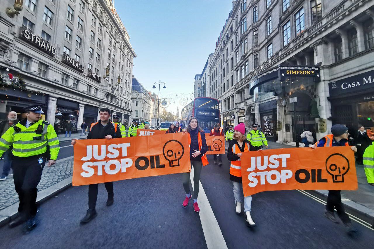 Just Stop Oil protesters blocking traffic in Aldwych, central London, last November (Just Stop Oil)