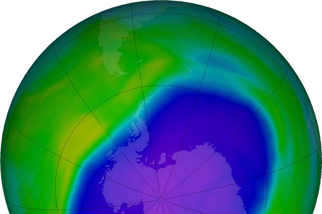 <p>In this NASA false-color image, the blue and purple shows the hole in Earth's protective ozone layer over Antarctica on October 5, 2022</p>