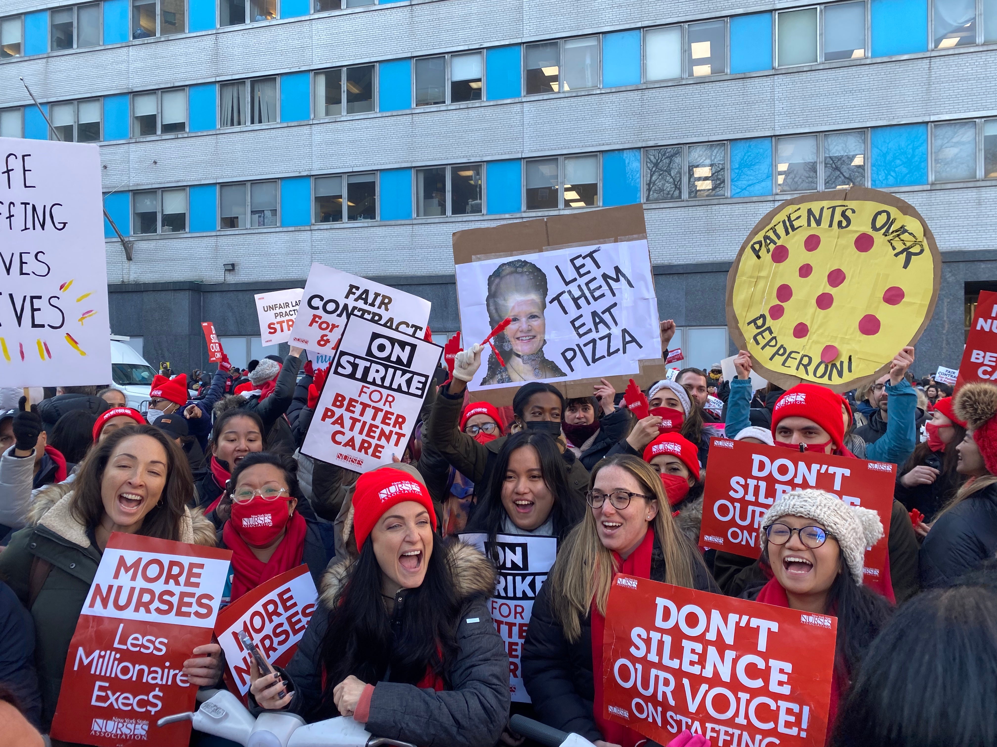 Members and supporters of the New York State Nurses Association launch a strike outside Mount Sinai hospital in Harlem on 9 January.