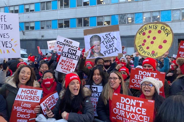 <p>Members and supporters of the New York State Nurses Association launch a strike outside Mount Sinai hospital in Harlem on 9 January.</p>