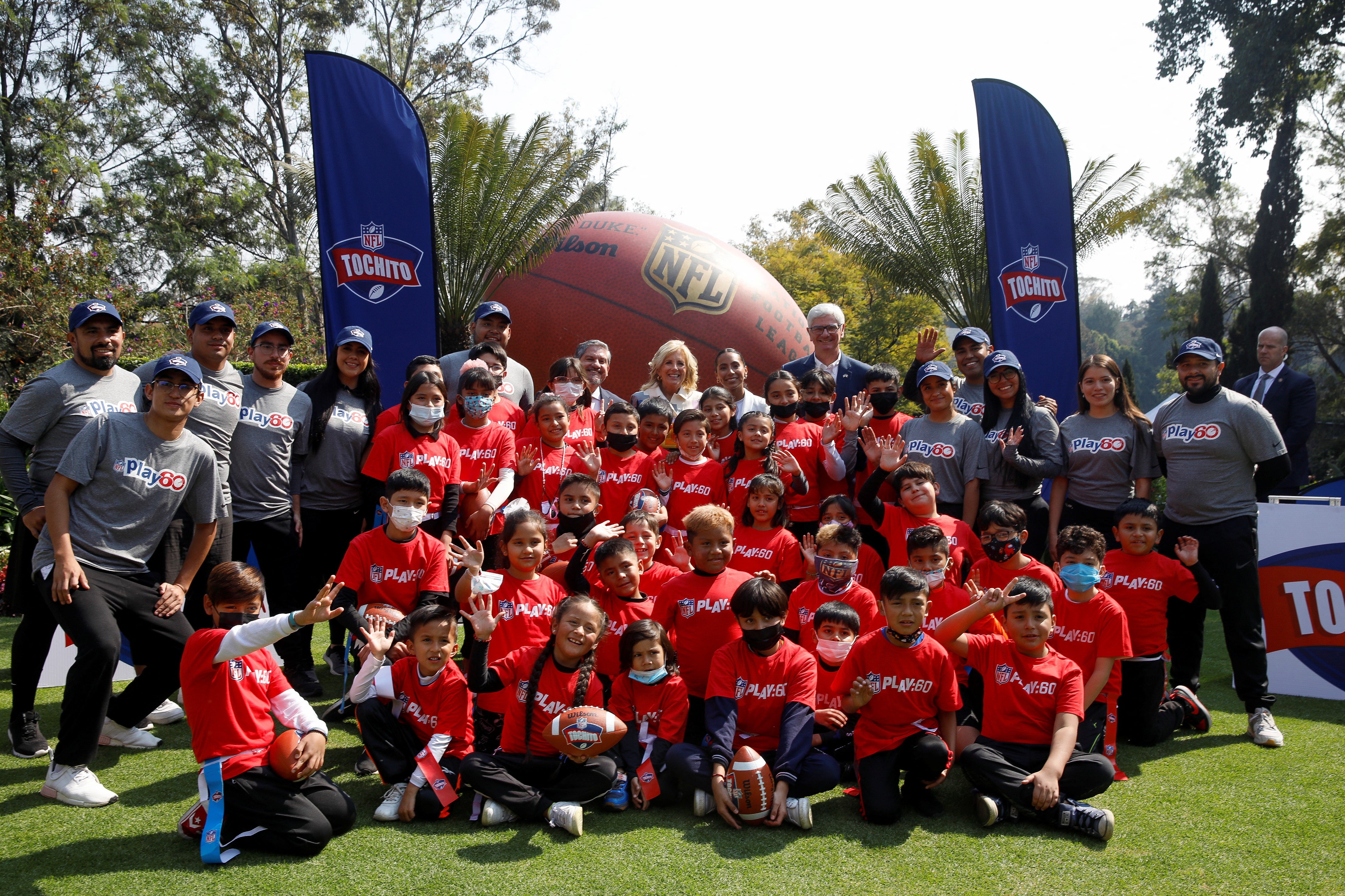 Jill Biden attends a Tochito NFL flag football event in Mexico City. The organisation promotes gender equality and girls’ empowerment