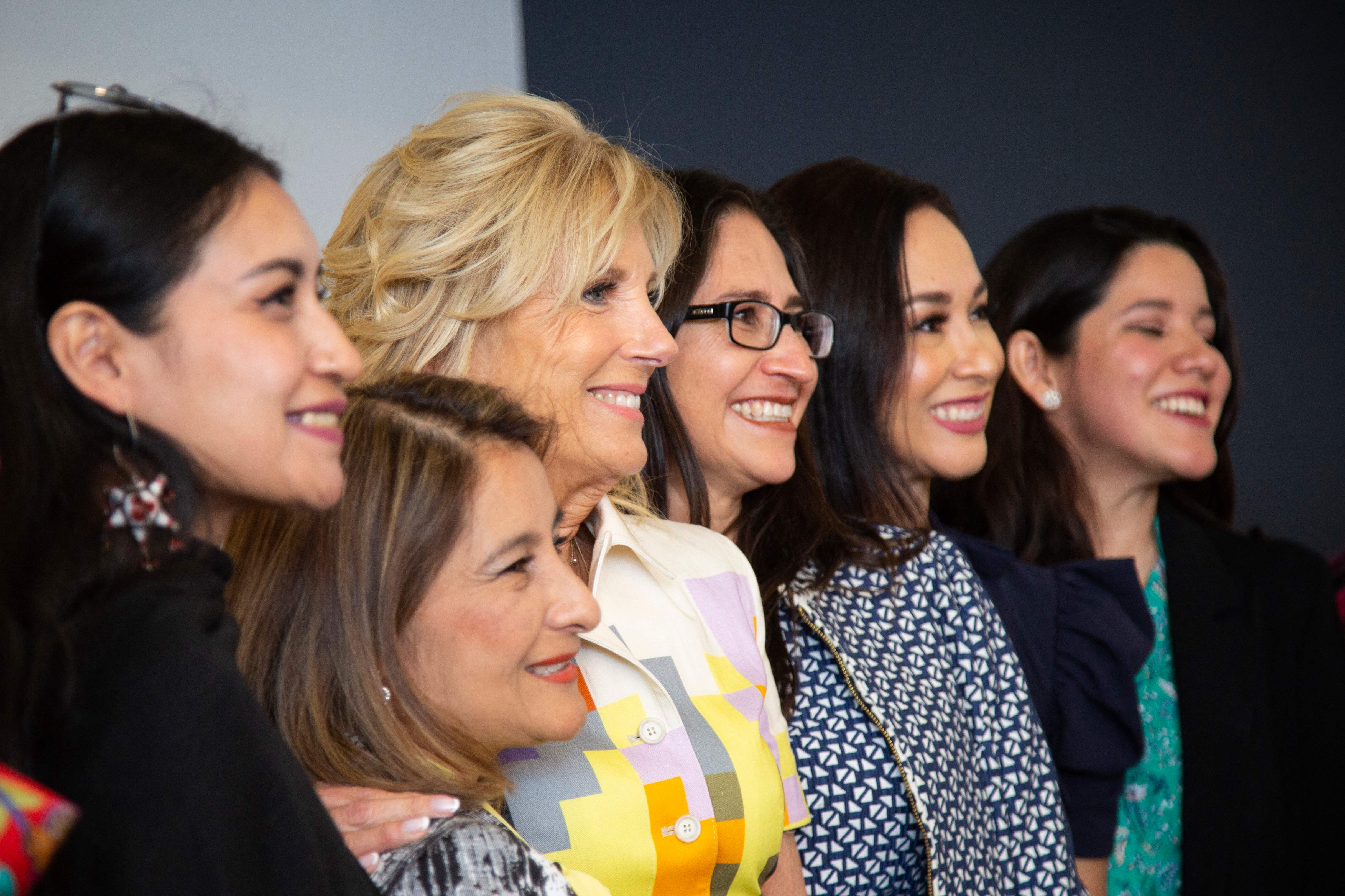 First Lady Jill Biden poses with women after hosting a conversation on women’s empowerment at the US Ambassadors’ house in Mexico City