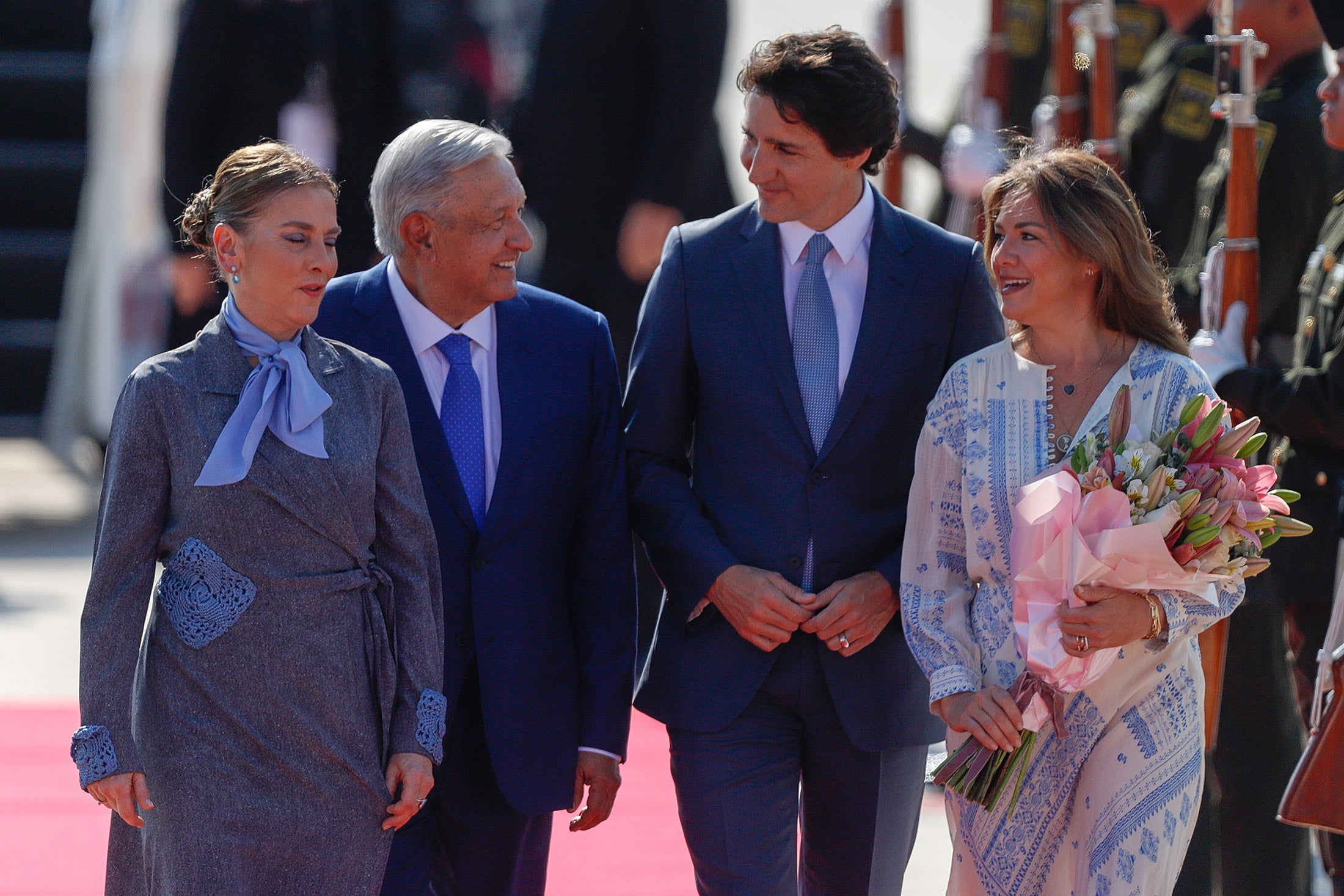 Mexican President Andres Manuel Lopez Obrador and his wife Beatriz Gutierrez Mueller welcome Canadian Prime Minister Justin Trudeau and his wife Sophie Gregoire