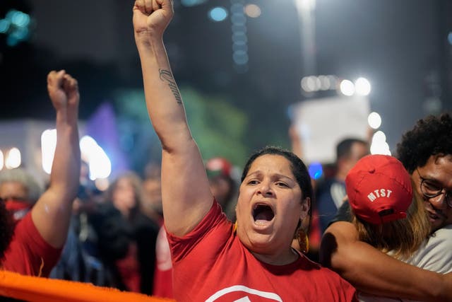 <p>Demonstrators shout slogans against Brazilian former President Jair Bolsonaro during a protest calling for protection of the nation’s democracy in Sao Paulo</p>