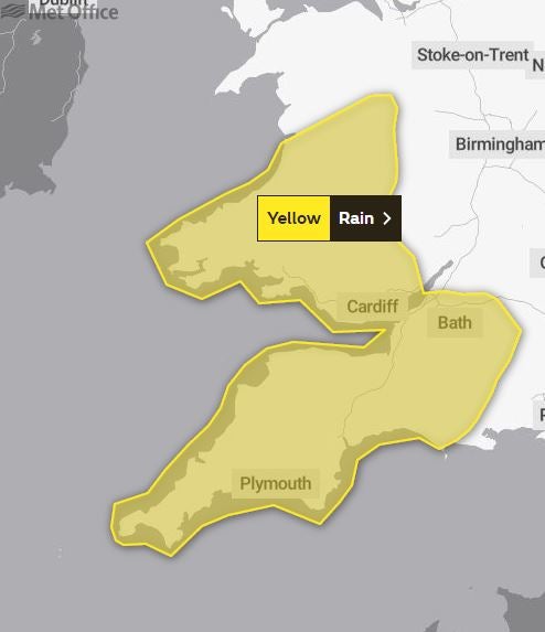 The Met Office warning for rain begins at 9pm on Wednesday