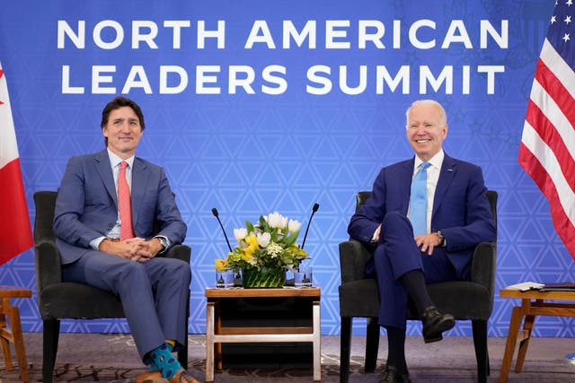 <p>President Joe Biden meets with Canadian Prime Minister Justin Trudeau at the InterContinental Presidente Mexico City hotel in Mexico City, Tuesday, Jan. 10, 2023</p>
