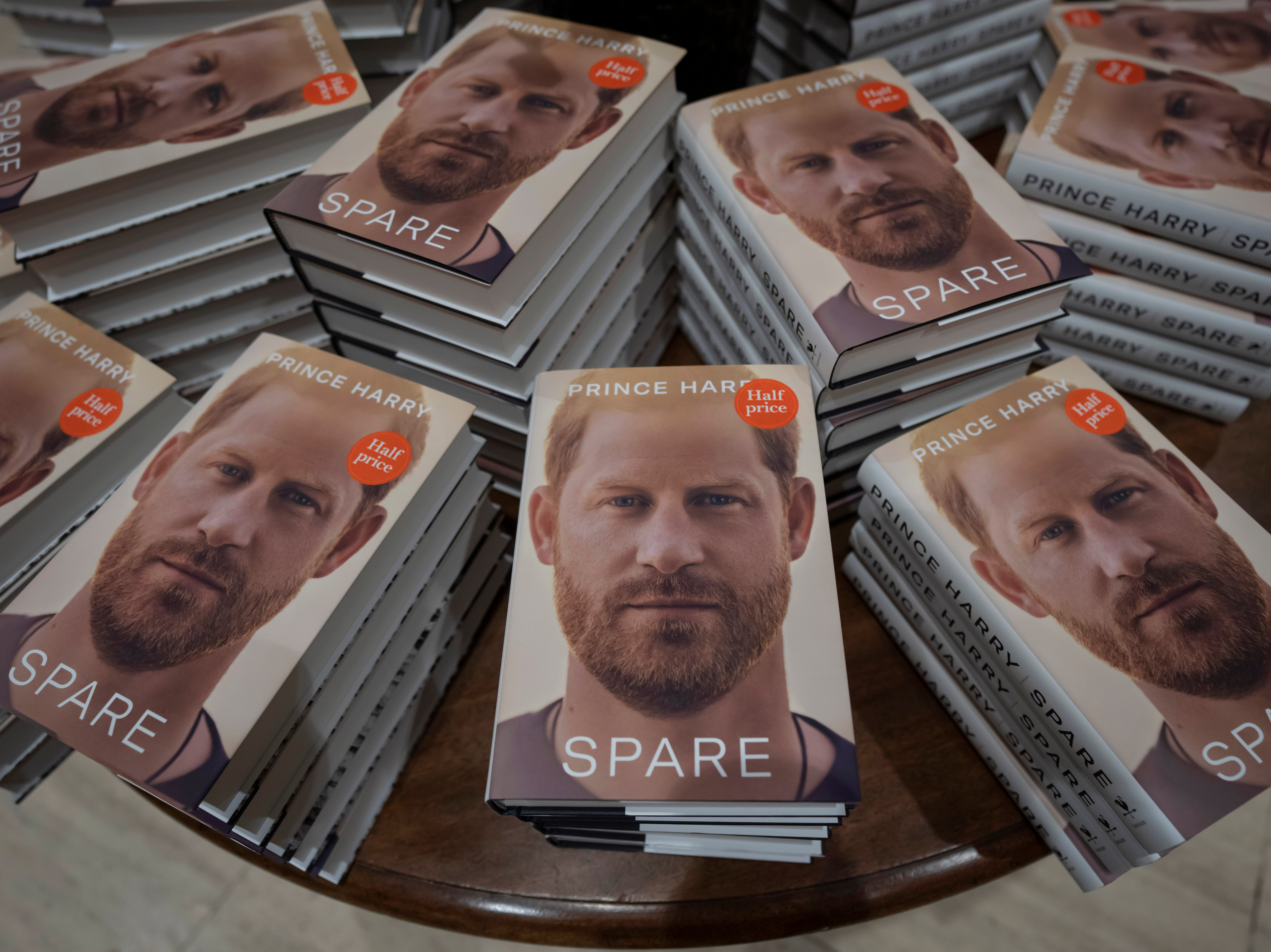 Copies of the new book by Prince Harry - Spare - are displayed at a book store in London (AP Photo/Kin Cheung)